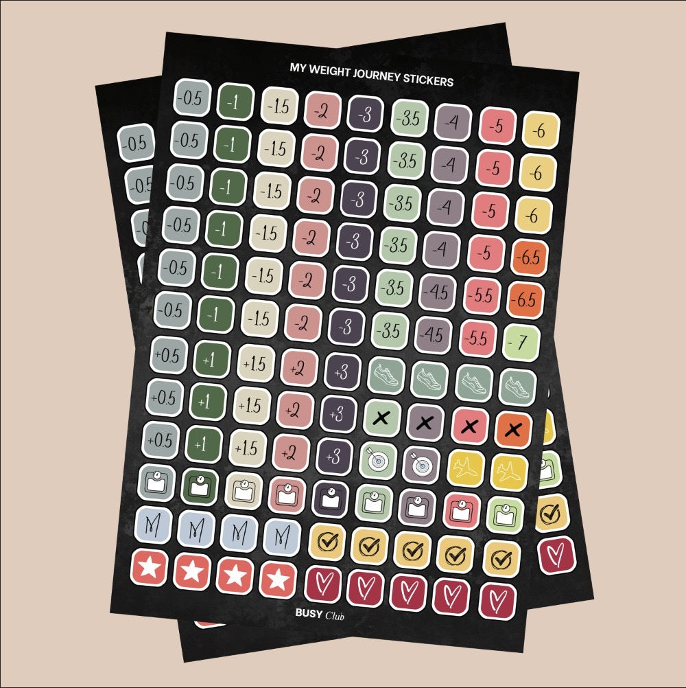 Two sheets of weight journey stickers with various symbols on a beige background