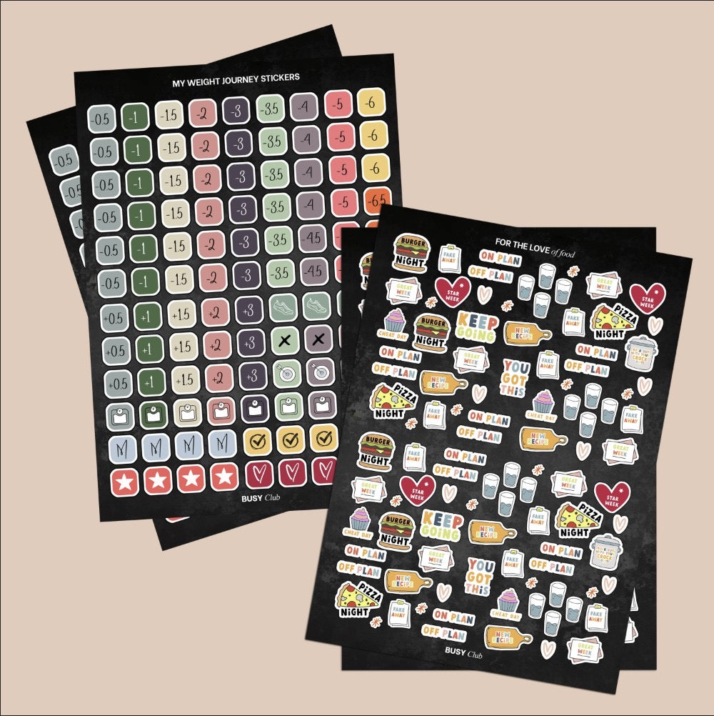 Two sheets of decorative stickers with various designs on a beige background
