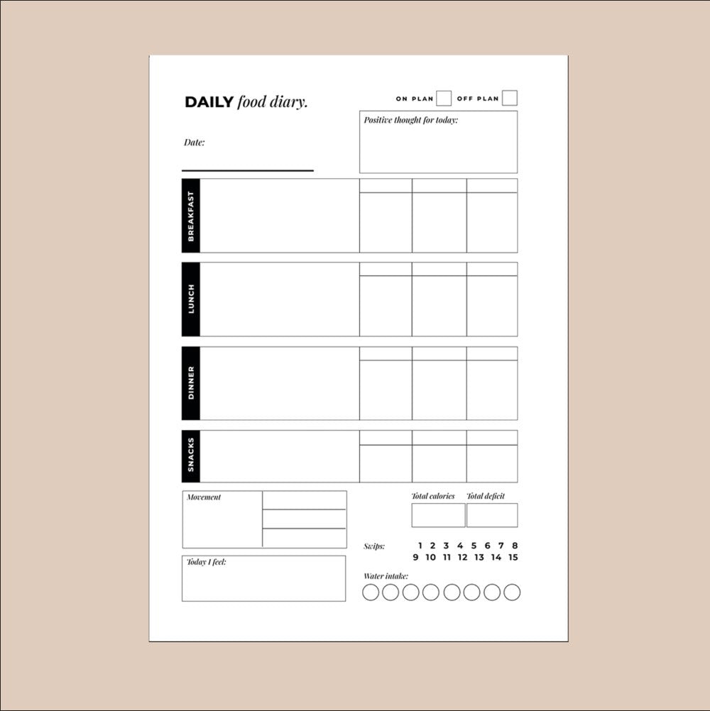 Daily food diary form on a beige background