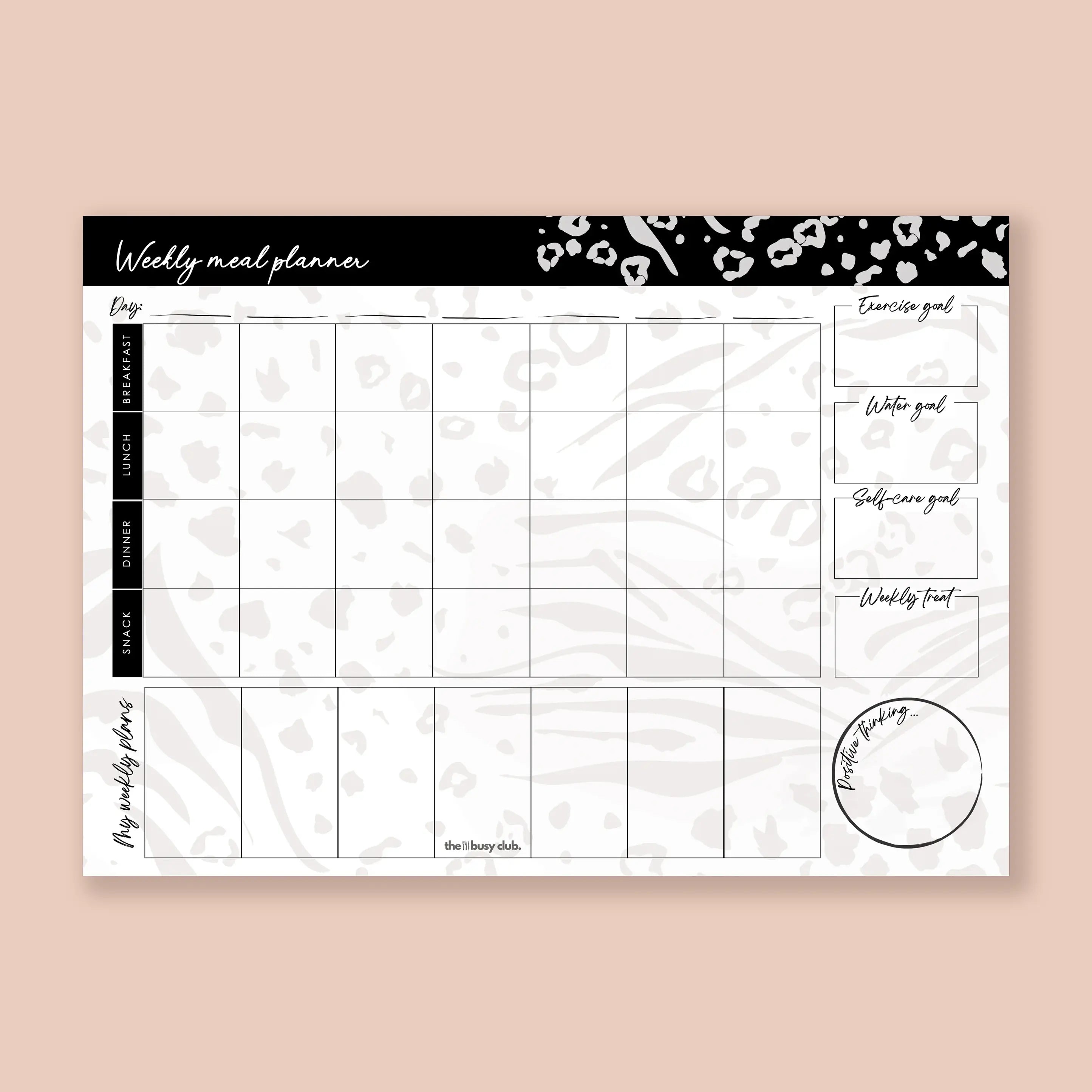 Weekly meal planner with leopard print border on a beige background