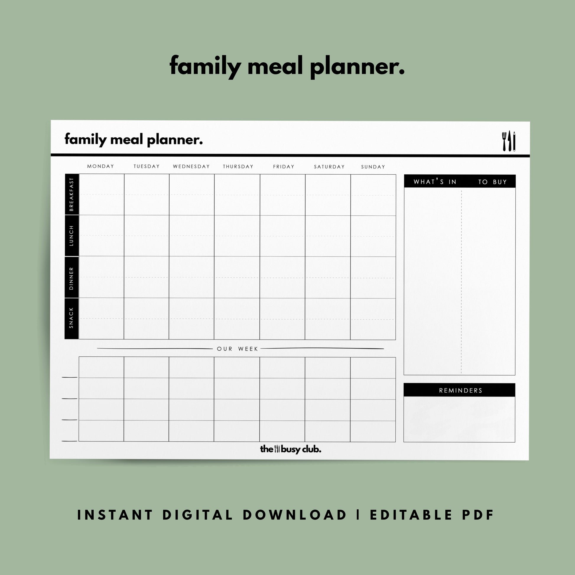 Family Meal Planner  Printable Digital Download – The Busy Club