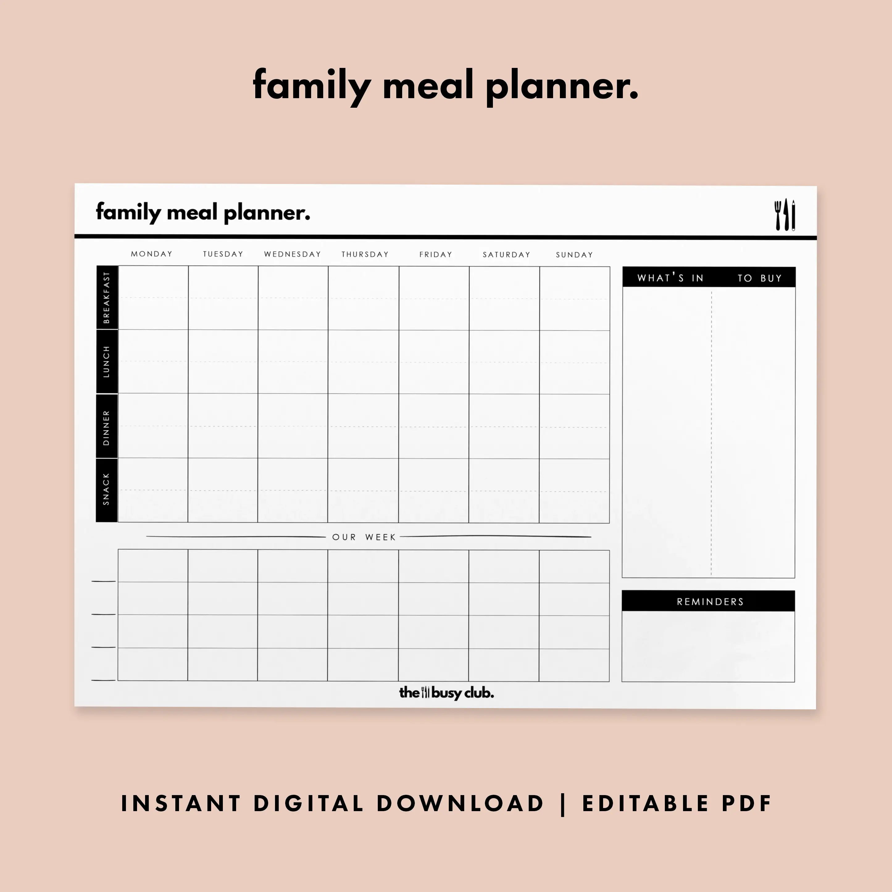 Family meal planner with black text and lines on a white background