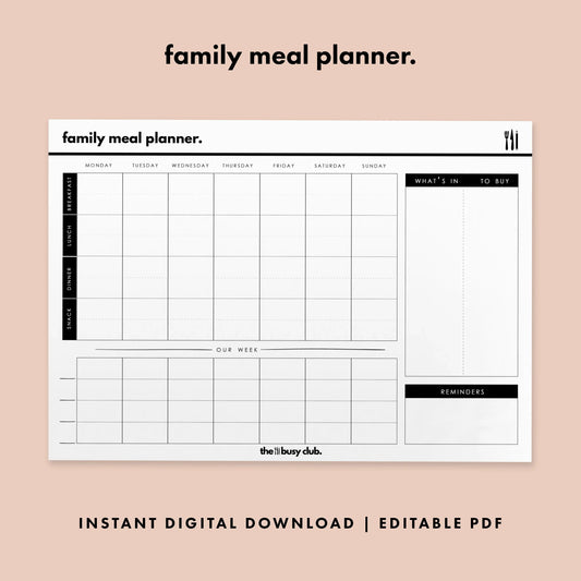 Family meal planner with black text and lines on a white background
