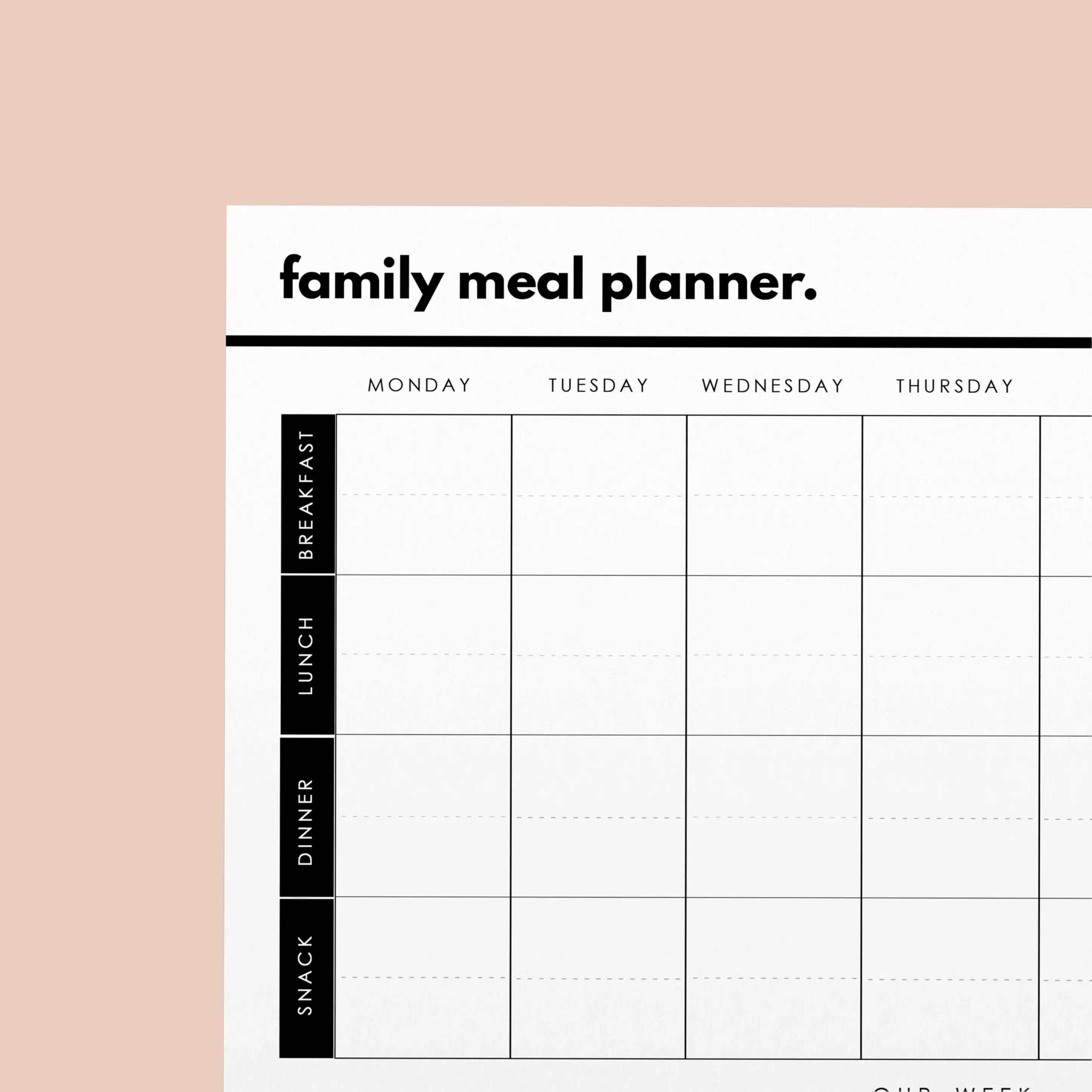 Family meal planner with days of the week and meal categories on a beige background