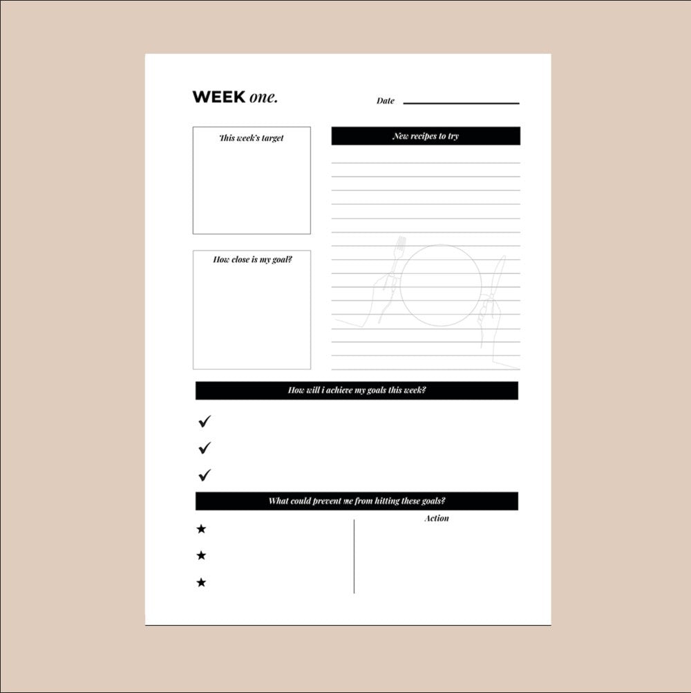 Weekly planning sheet with text and checkboxes on a beige background