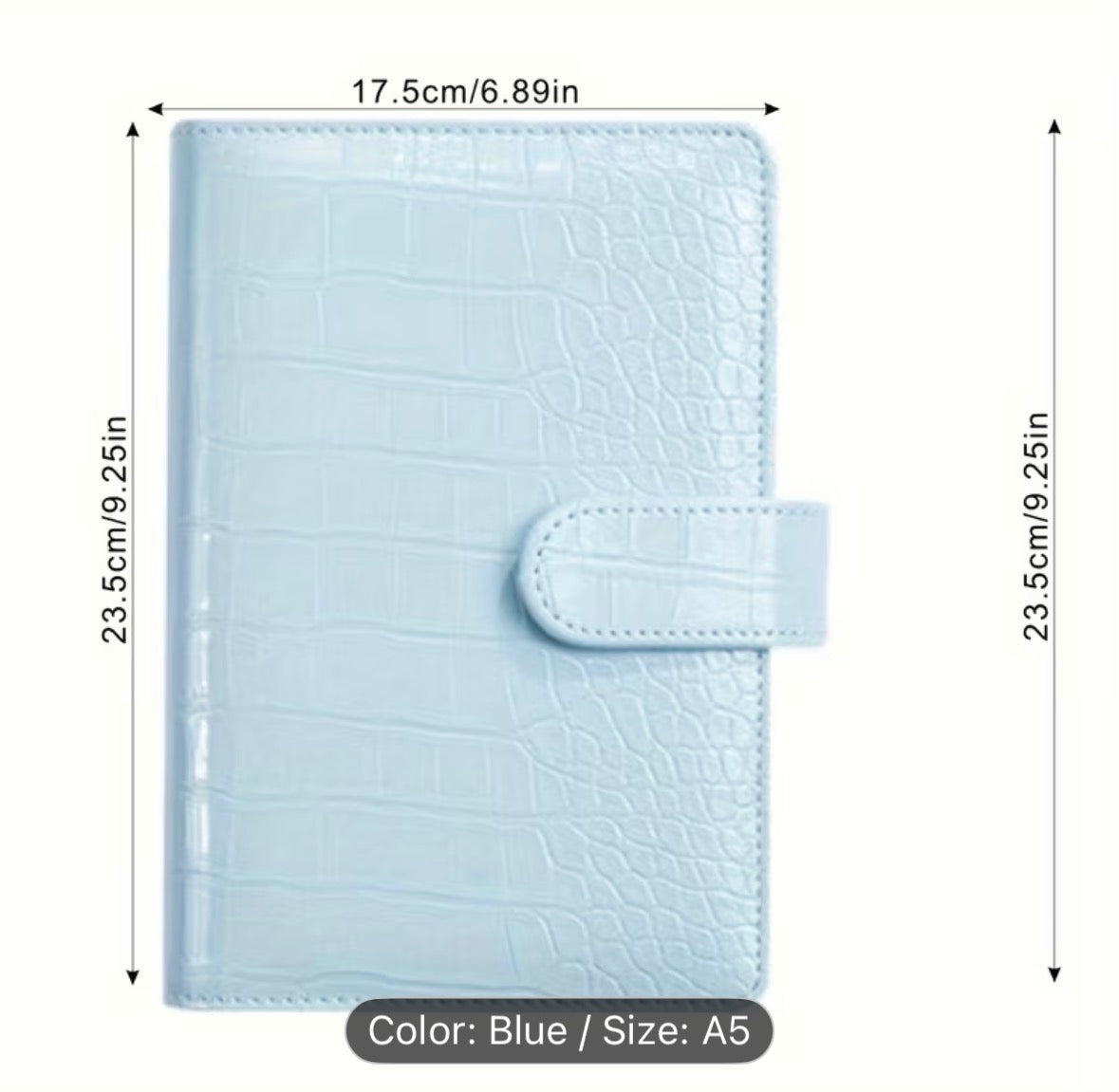 Blue crocodile texture notebook with dimensions on a white background