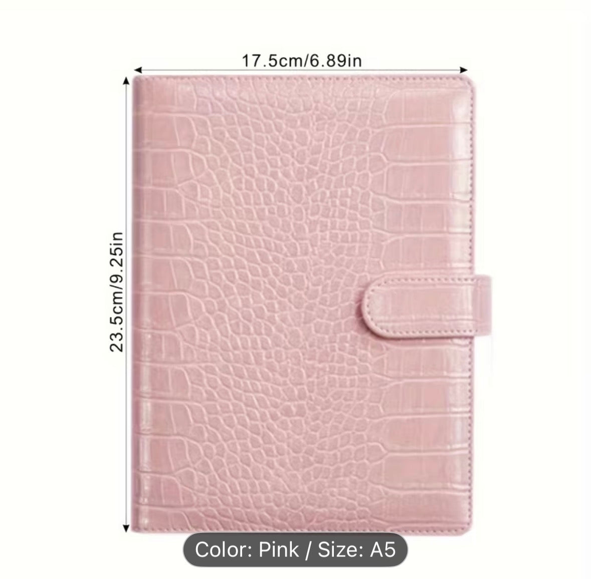Pink crocodile texture notebook with dimensions on a white background