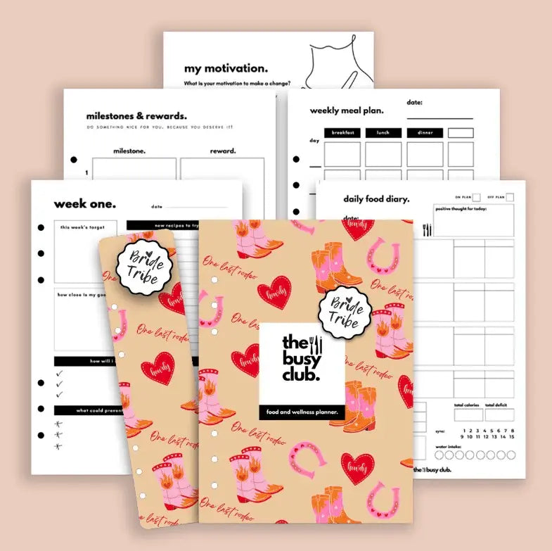 Collection of planner sheets with 'The Busy Club' branding on a beige background