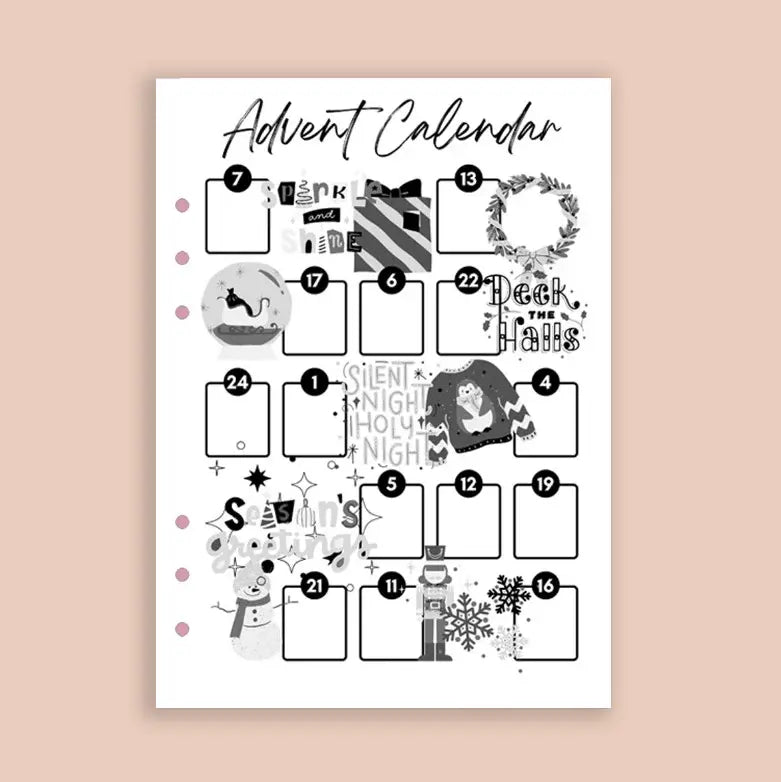 Advent calendar with black and white illustrations on a beige background