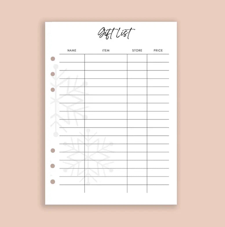Gift list template with columns for name, item, store, and price on a beige background