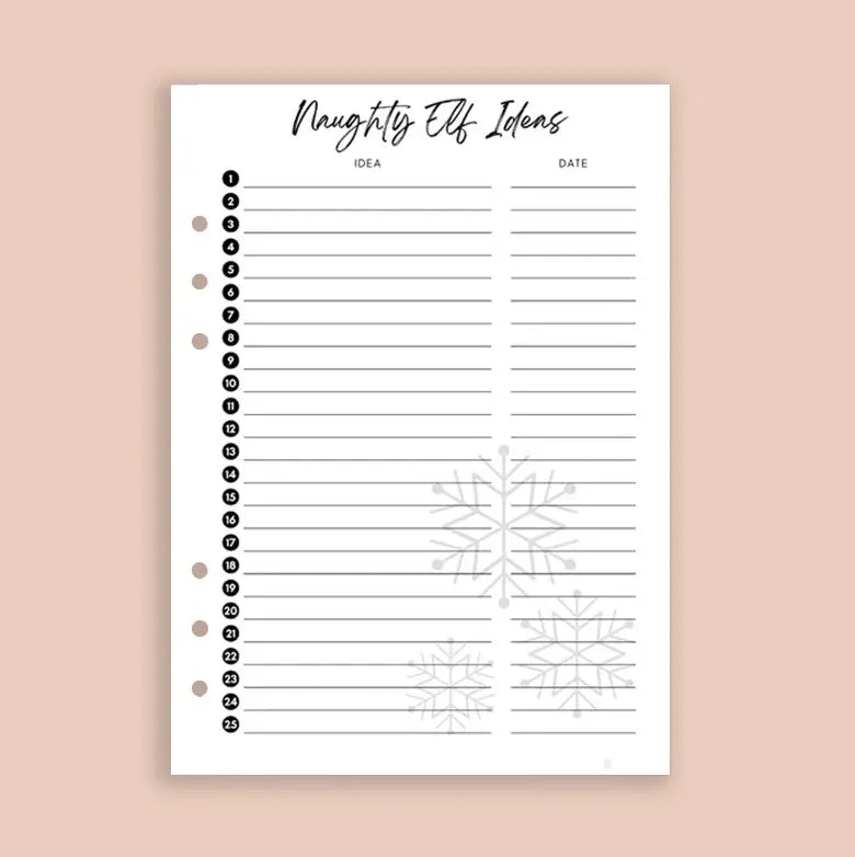 Sheet of paper with 'Naughty Elf Ideas' checklist on a beige background