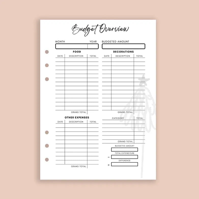 Budget overview sheet with categories on a beige background
