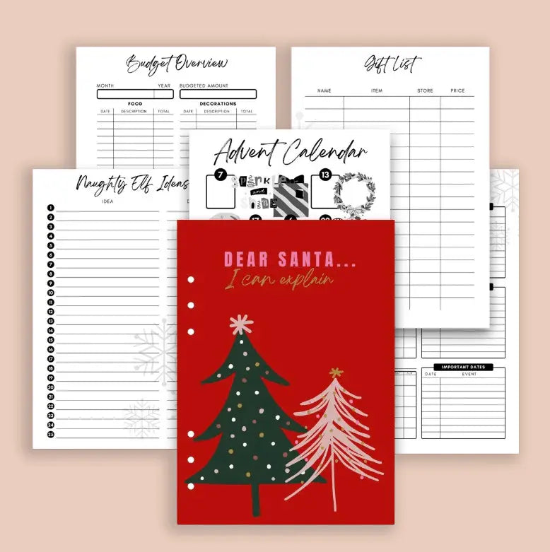 Set of Christmas-themed planners and printables on a beige background
