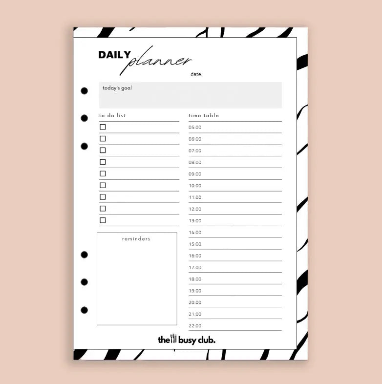 Daily planner sheet with time slots and checkboxes on a beige background