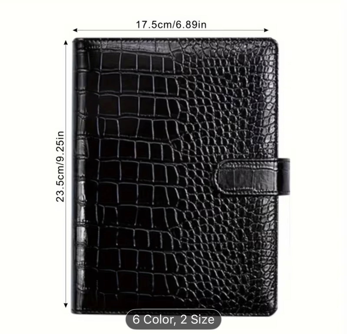 Black crocodile texture notebook with dimensions on a white background