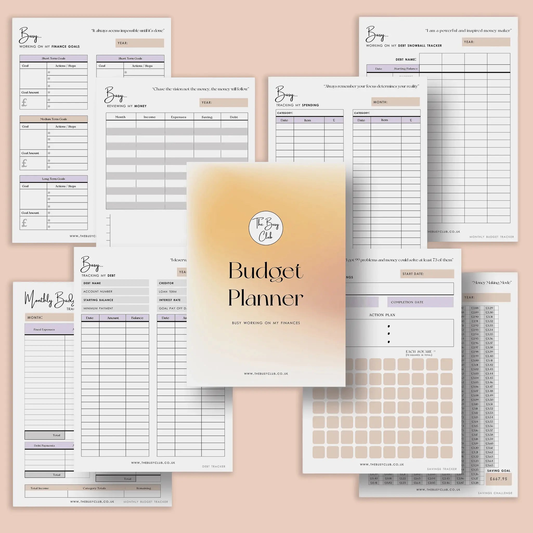 Budget planner book with various budgeting sheets on a light pink background