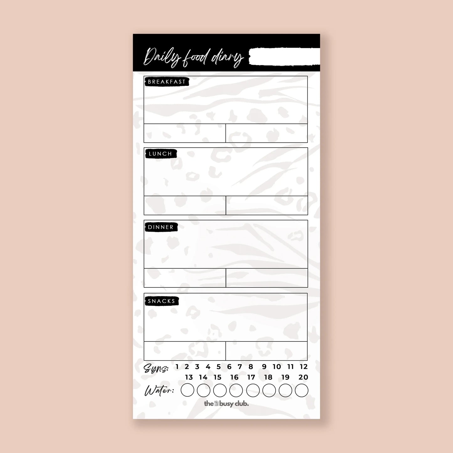 Daily food diary with sections for breakfast, lunch, dinner, and snacks on a beige background.