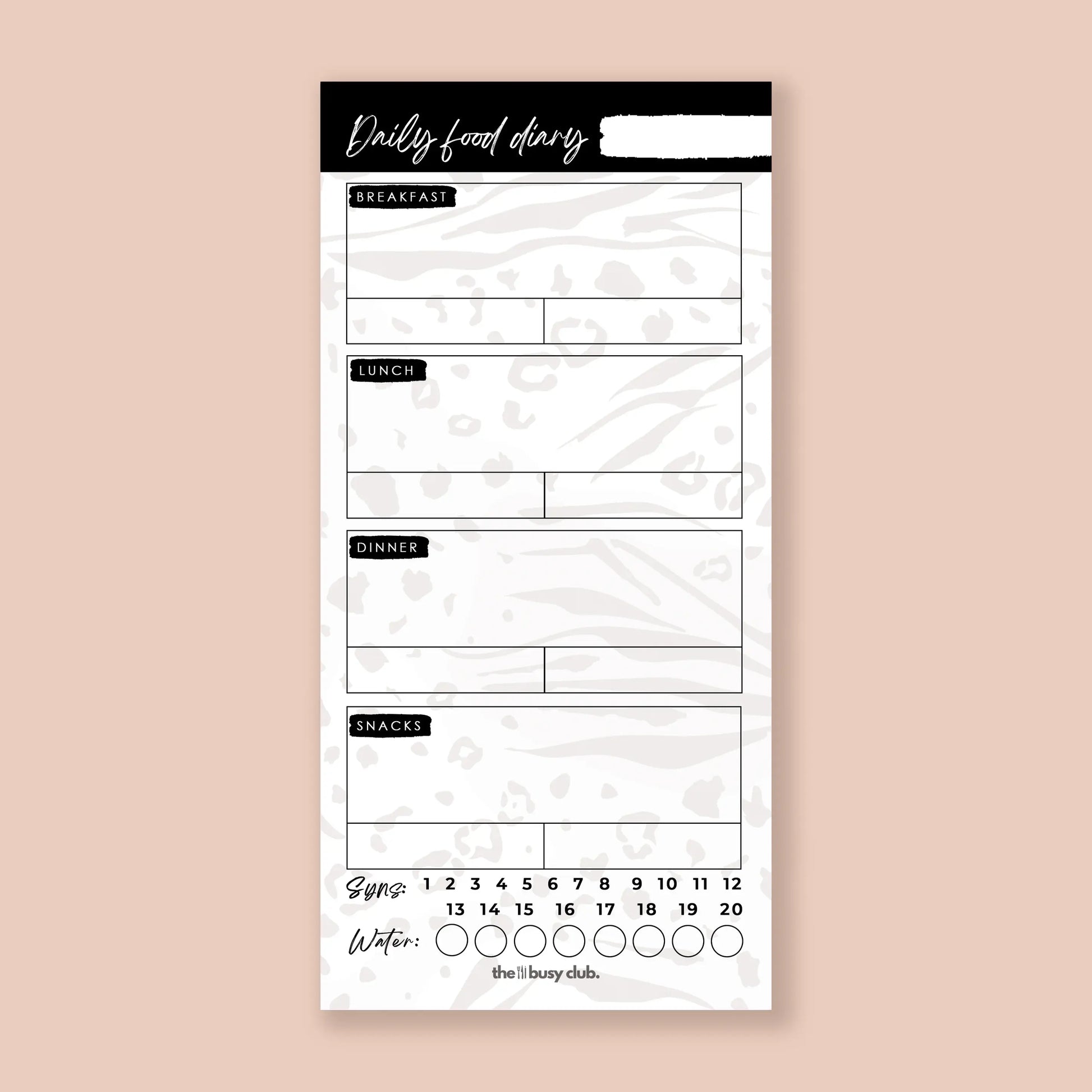 Daily food diary with sections for breakfast, lunch, dinner, and snacks on a beige background.