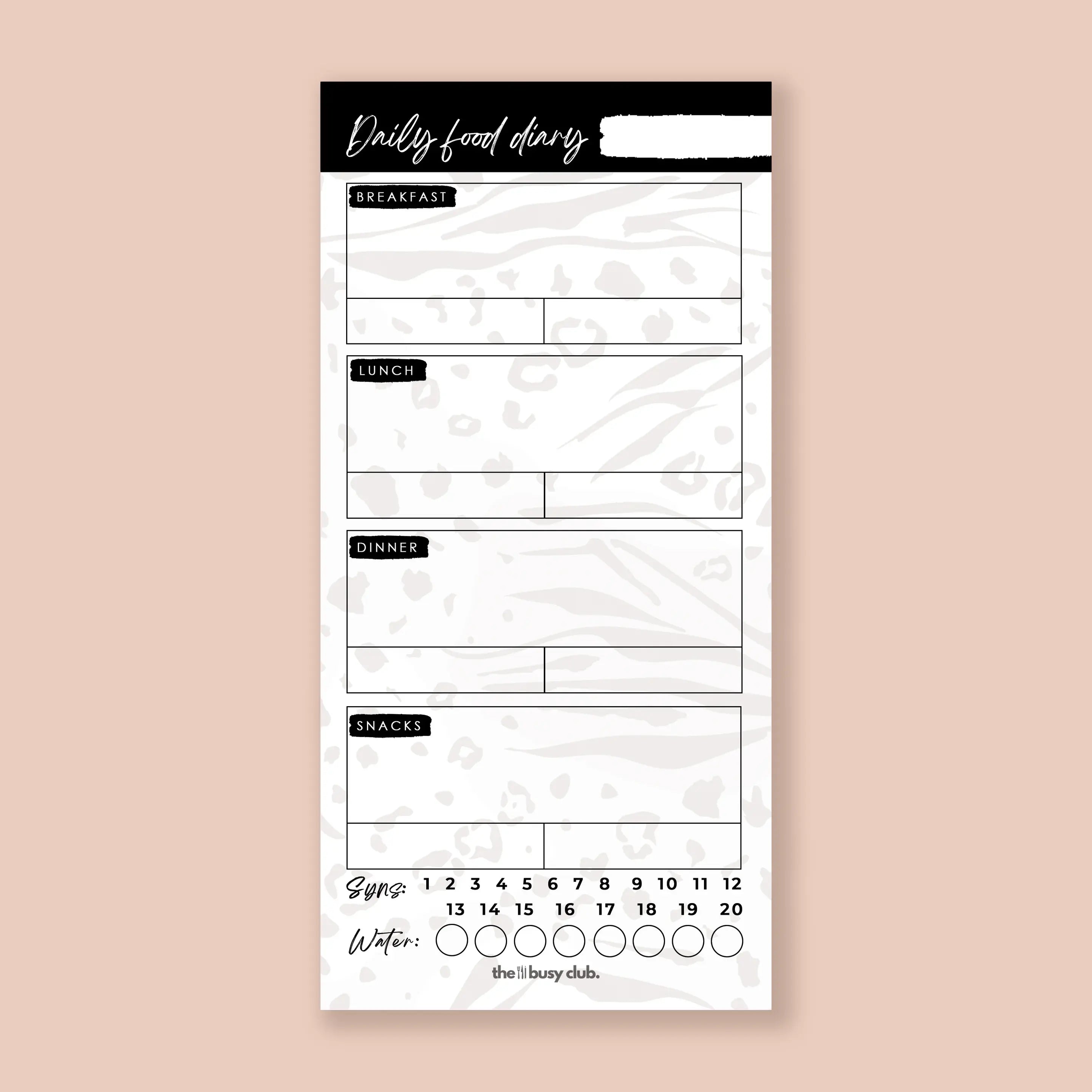 Daily food diary with sections for breakfast, lunch, dinner, and snacks on a beige background.