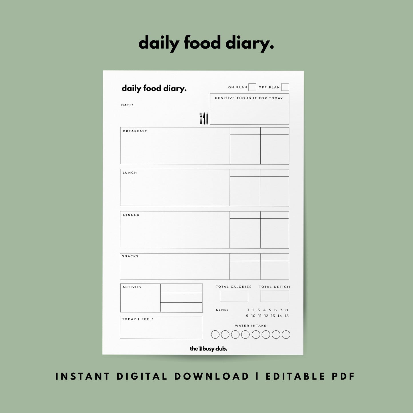 Daily Food Diary | Printable Digital Download