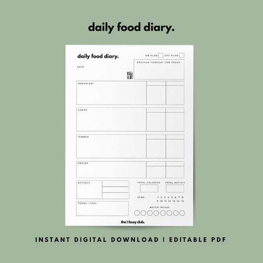 Daily Food Diary | Printable Digital Download