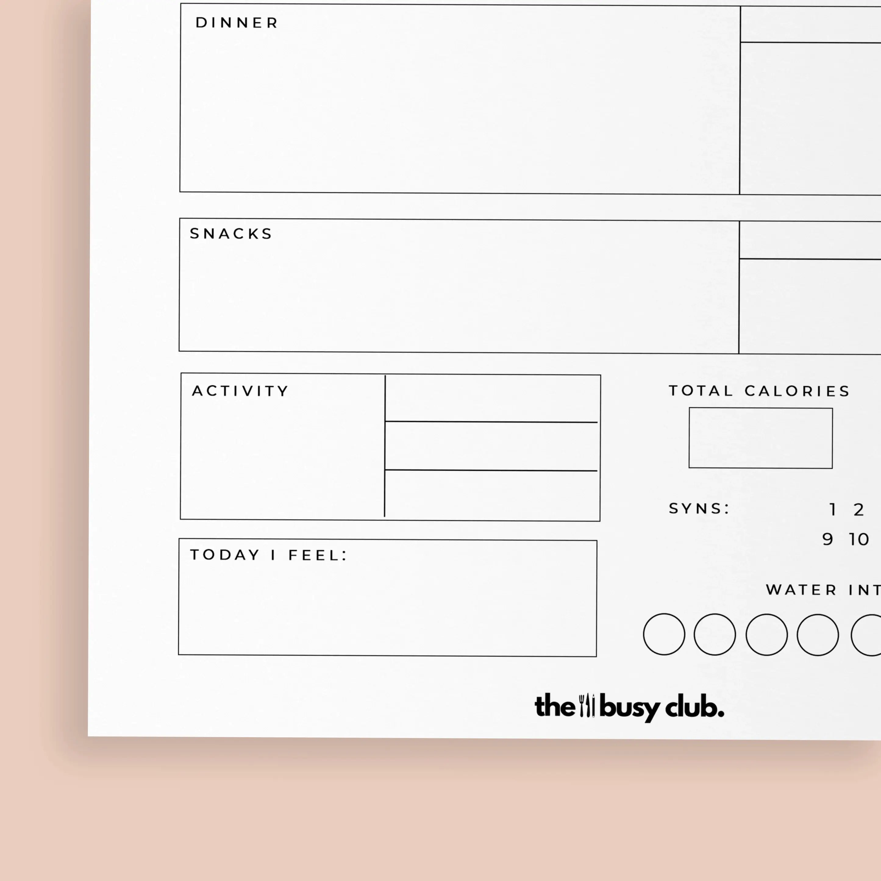 Blank diet or fitness tracking sheet with various sections on a light pink background, featuring 'the busy club' branding.