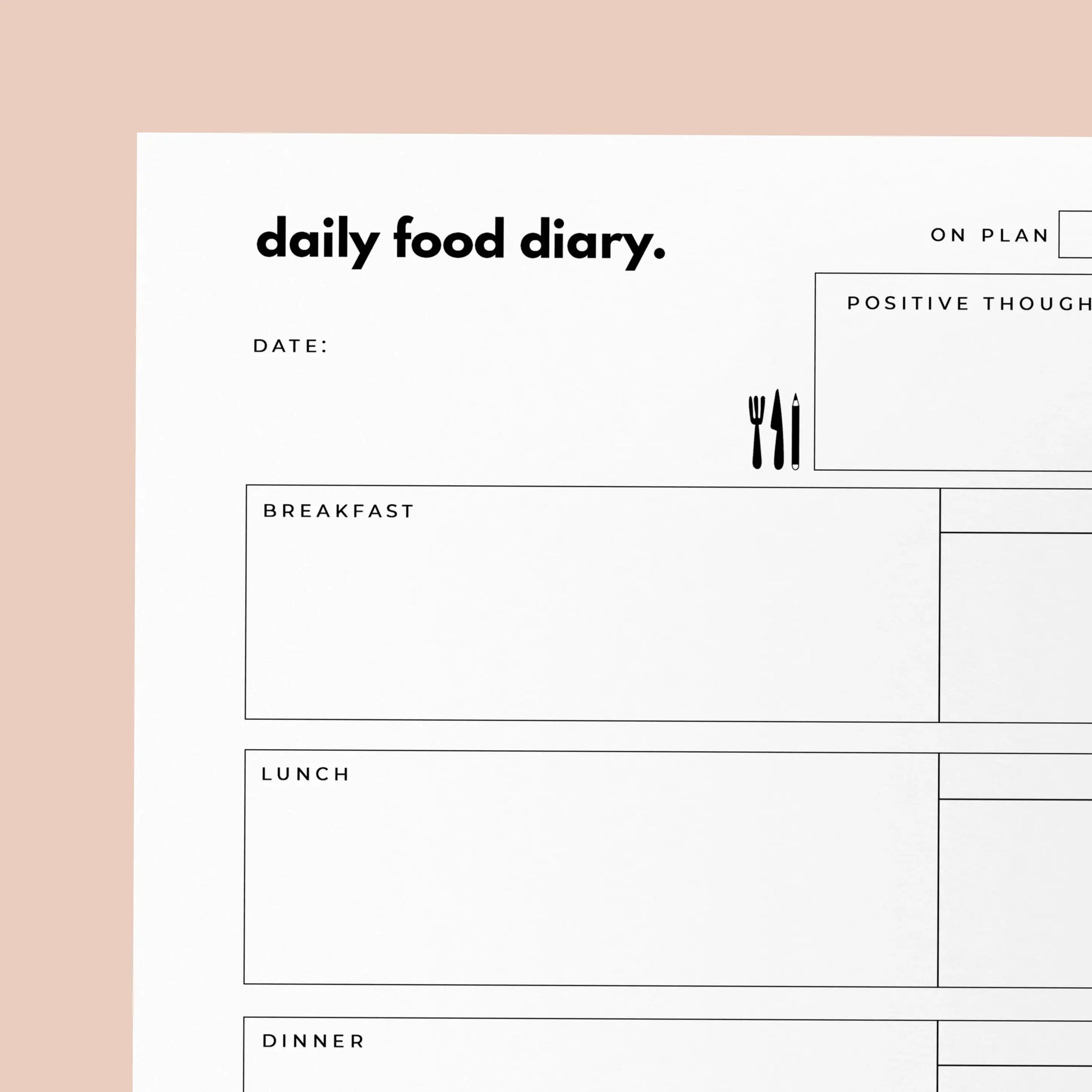 Daily food diary template with meal sections on a light pink background