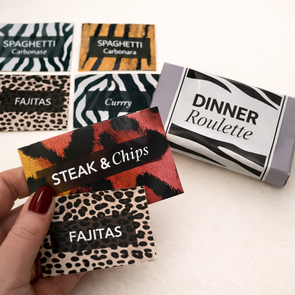 Dinner selection cards with various meal options on a white surface.