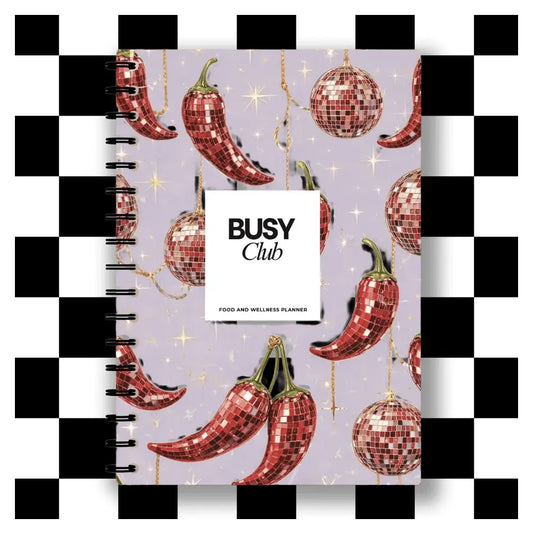 Planner with disco ball and chili pepper design on a checkered background