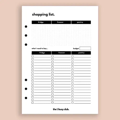 Shopping list template with sections for fridge, freezer, and pantry on a beige background.