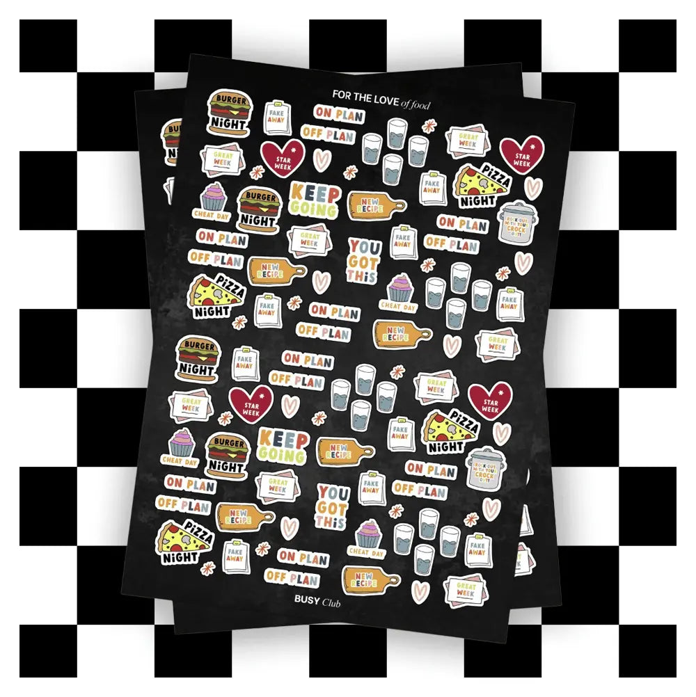 Sticker sheets on a checkered background.