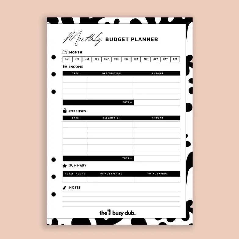 Monthly budget planner with black and white design on a beige background