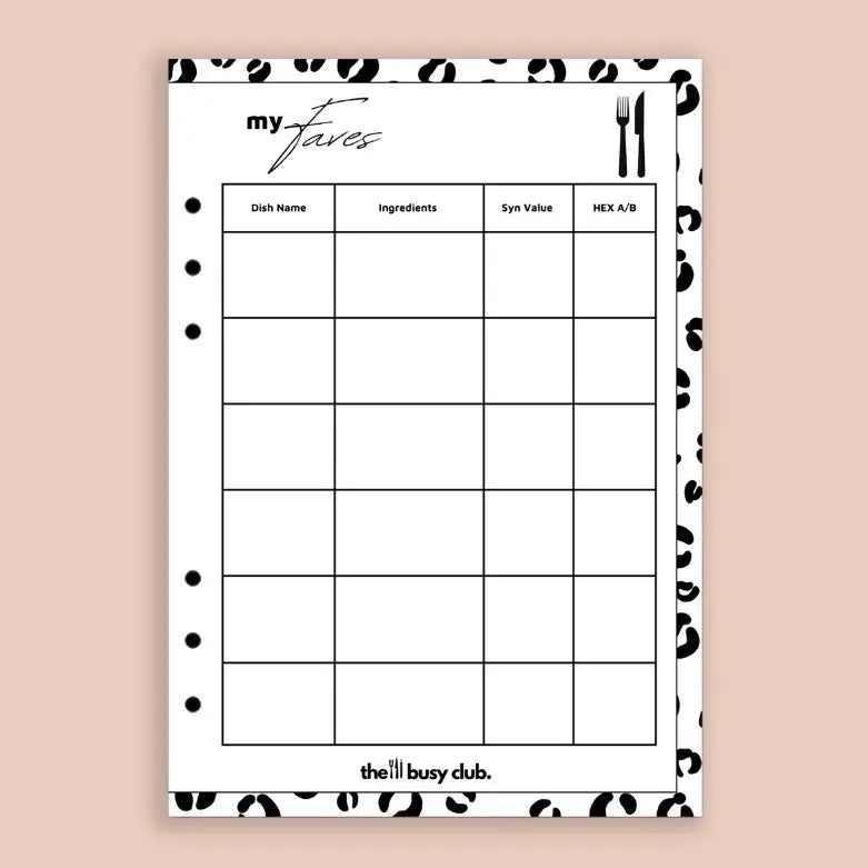 Sheet with a grid for 'my faves' on a beige background