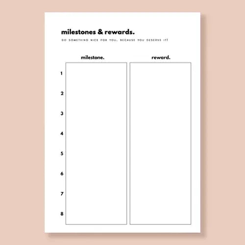 Sheet with 'milestones & rewards' columns on a beige background