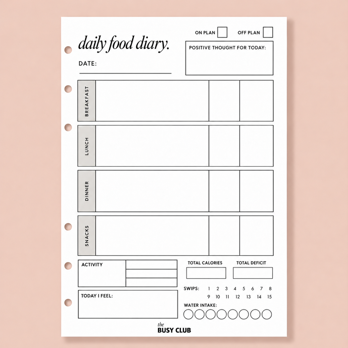 Daily Food Diary A5 Ring Binder Inserts - Elegant Design