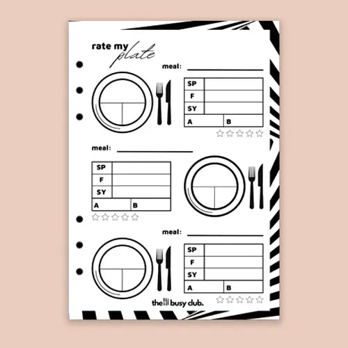 Sheet with 'Rate My Plate' design on a beige background