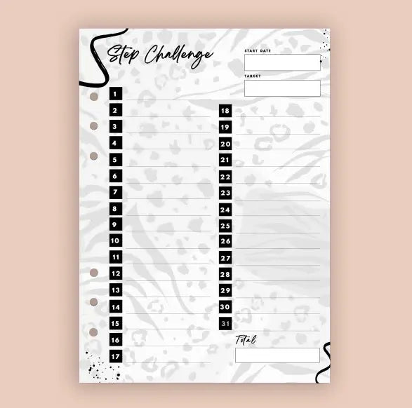 Step challenge planner sheet with a marble background on a beige background