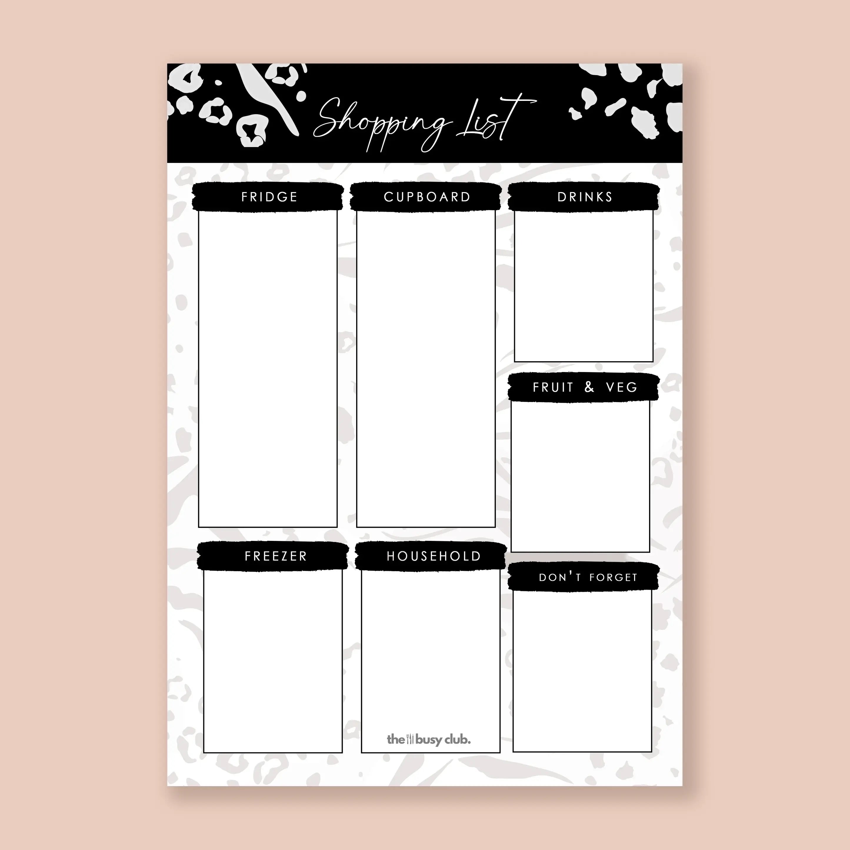 Shopping list template with sections for fridge, cupboard, drinks, freezer, household, and fruit & veg on a beige background.