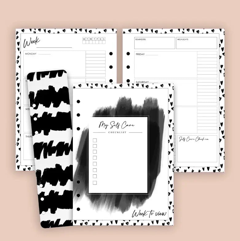 Set of planner sheets with black and white designs on a beige background