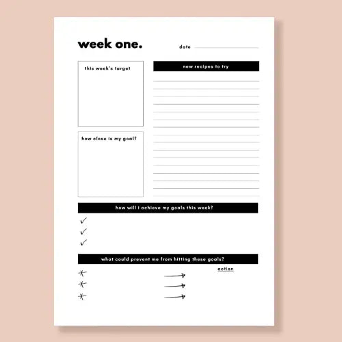 Weekly planning sheet with text boxes and checkboxes on a beige background