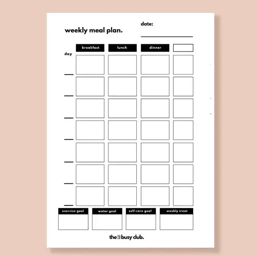 Weekly meal plan template with time slots for breakfast, lunch, and dinner on a beige background.
