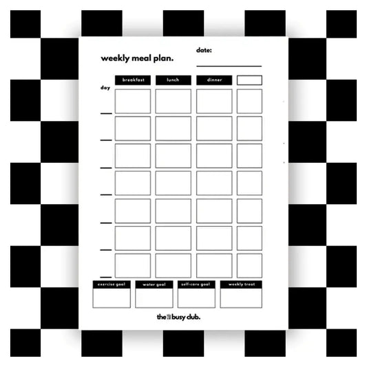Weekly meal planner insert on a checkered background.