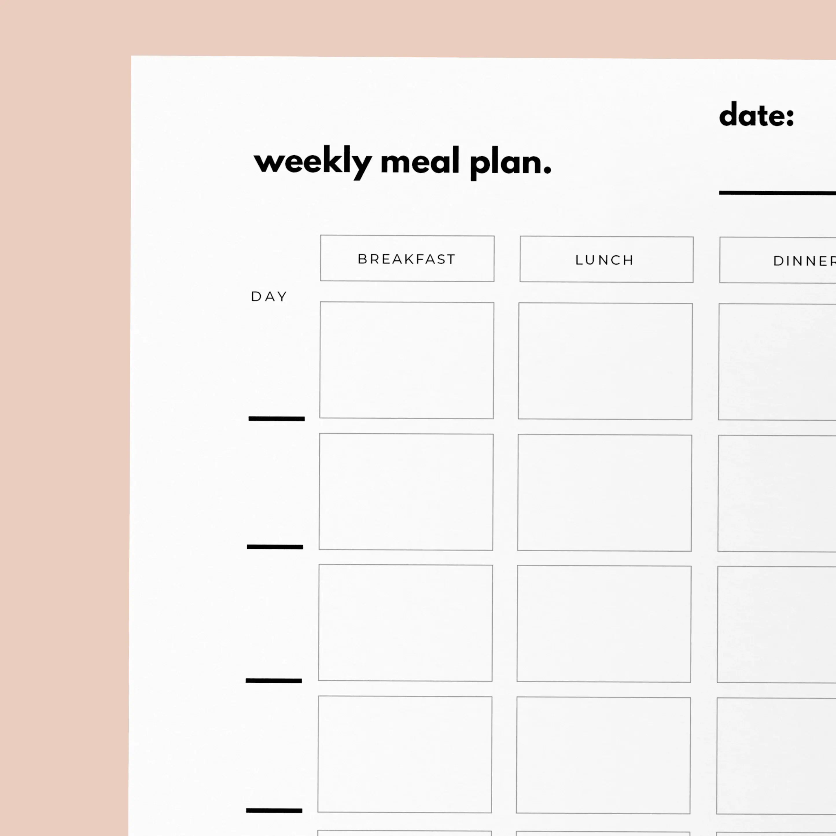 Weekly meal plan template with breakfast, lunch, and dinner sections on a light pink background.