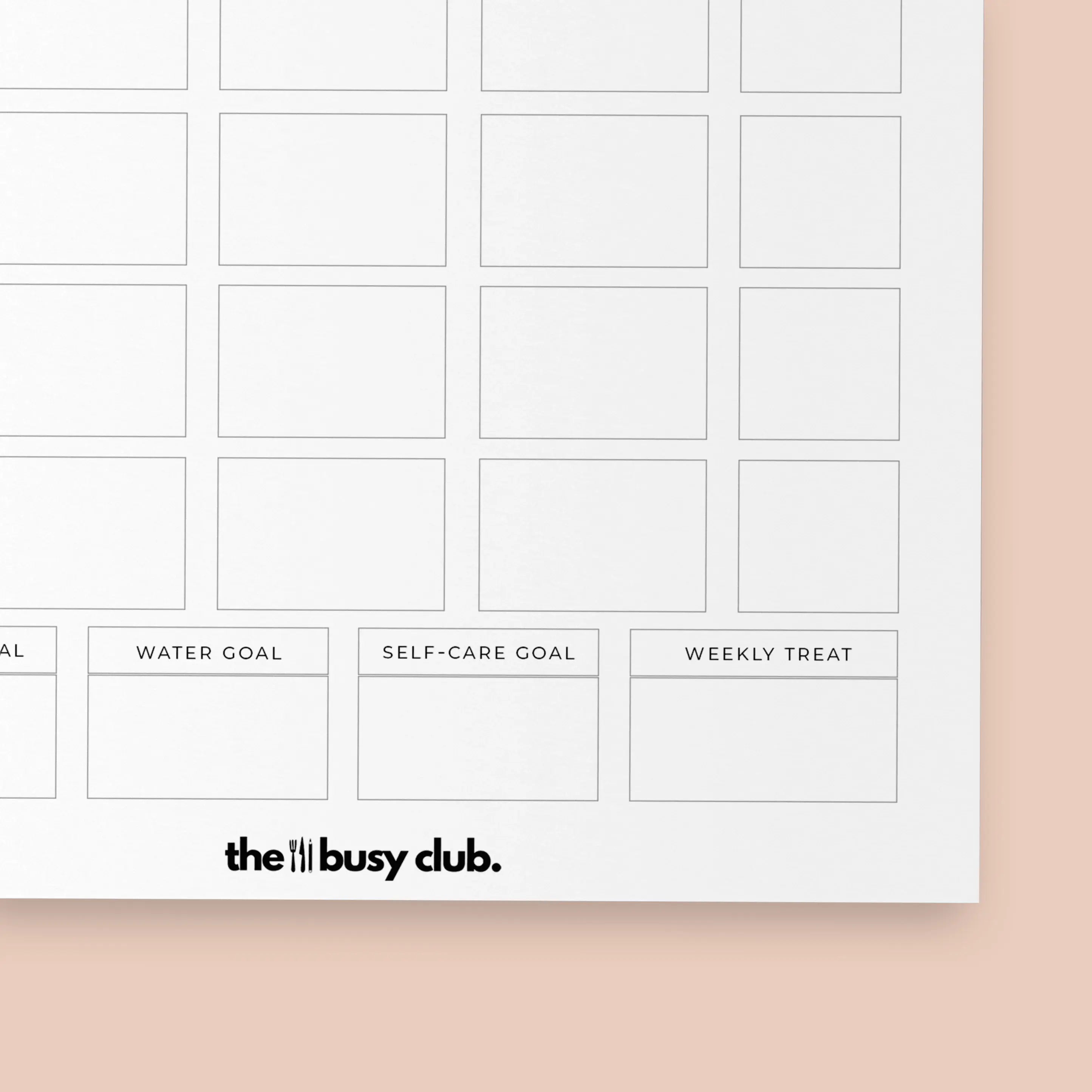 Weekly goal planner sheet with sections for goals and 'the busy club' branding on a light pink background.