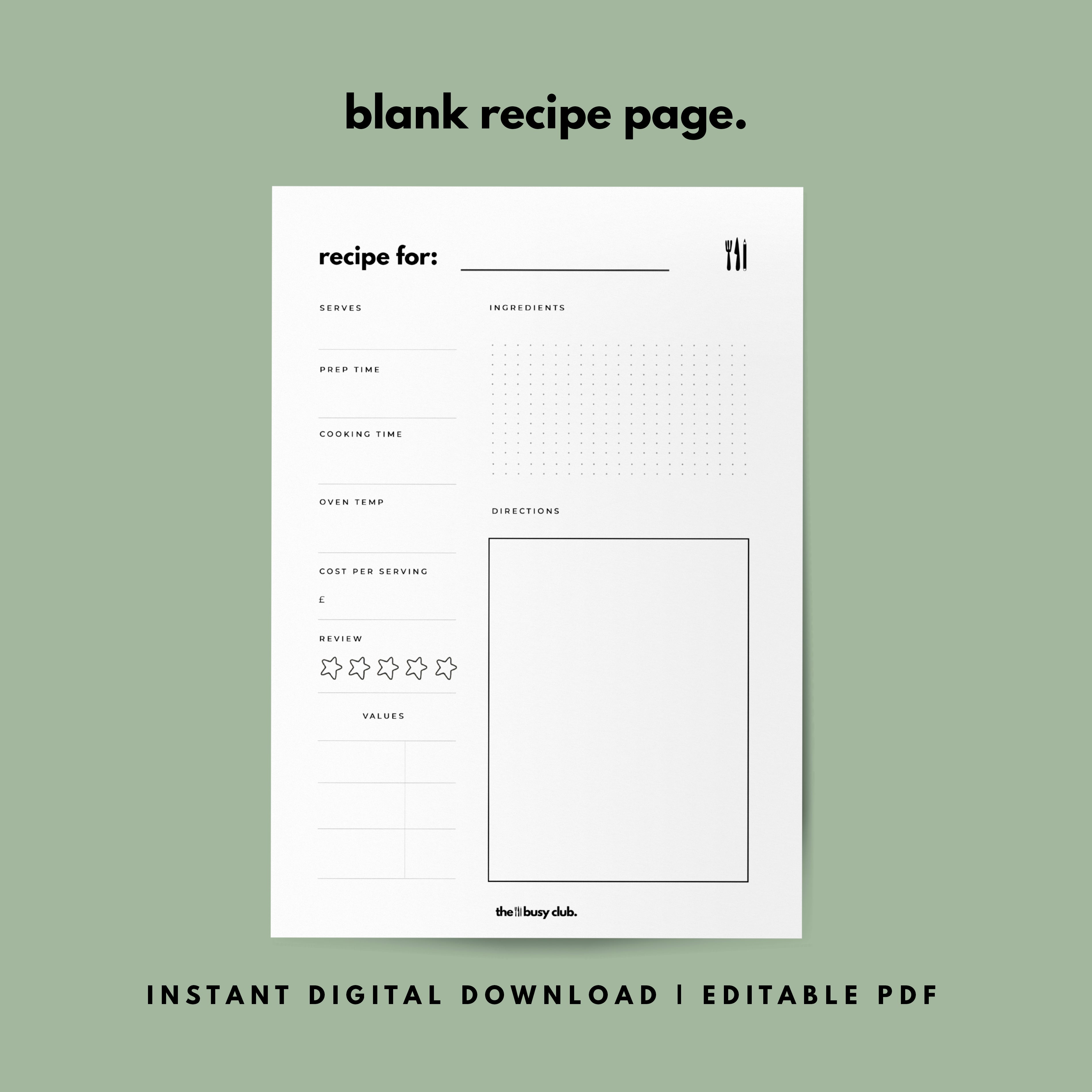 Blank Recipe Page | Printable Digital Download