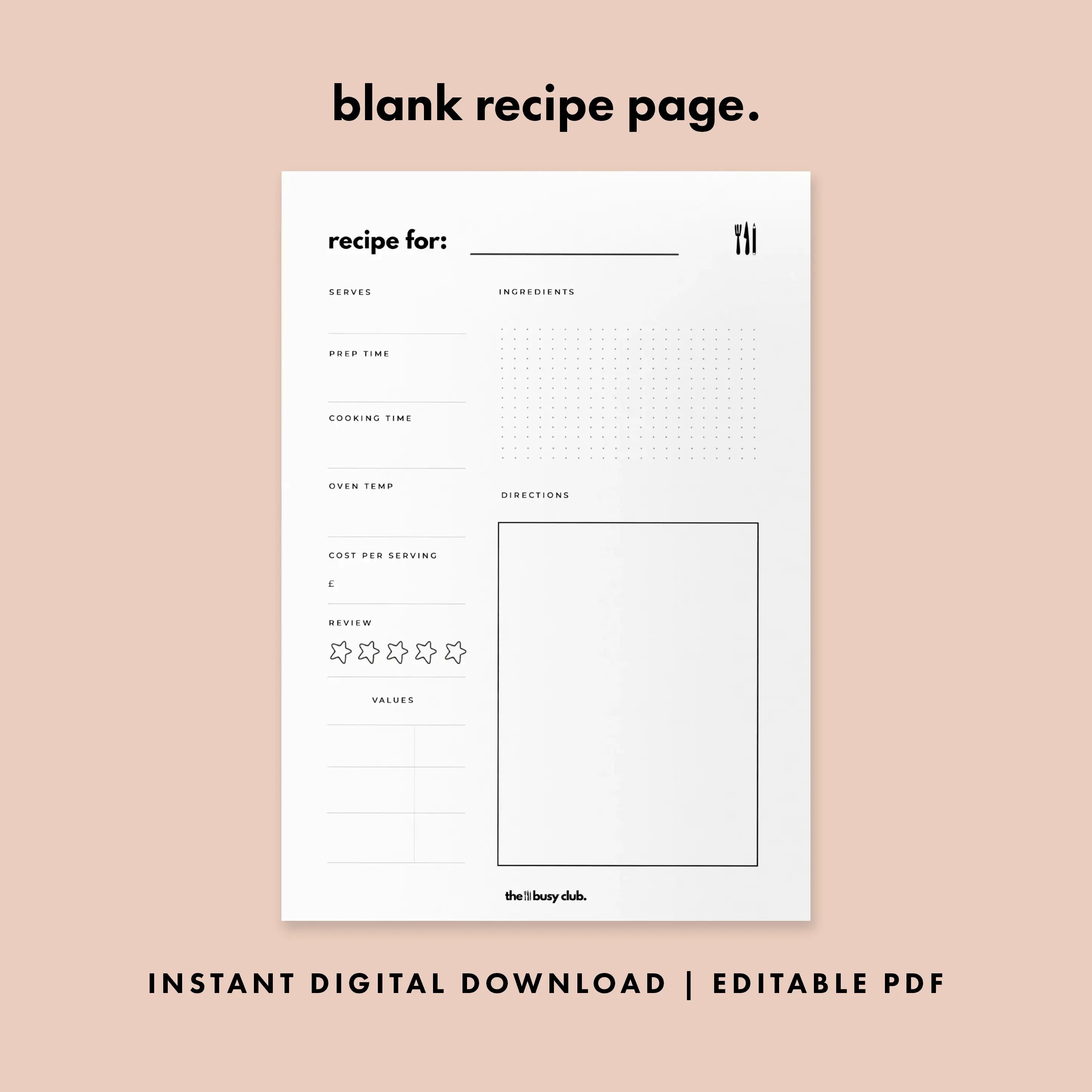 Blank recipe page template on a pink background with text indicating it's an instant digital download and editable PDF.