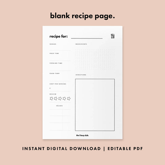 Blank recipe page template on a pink background with text indicating it's an instant digital download and editable PDF.