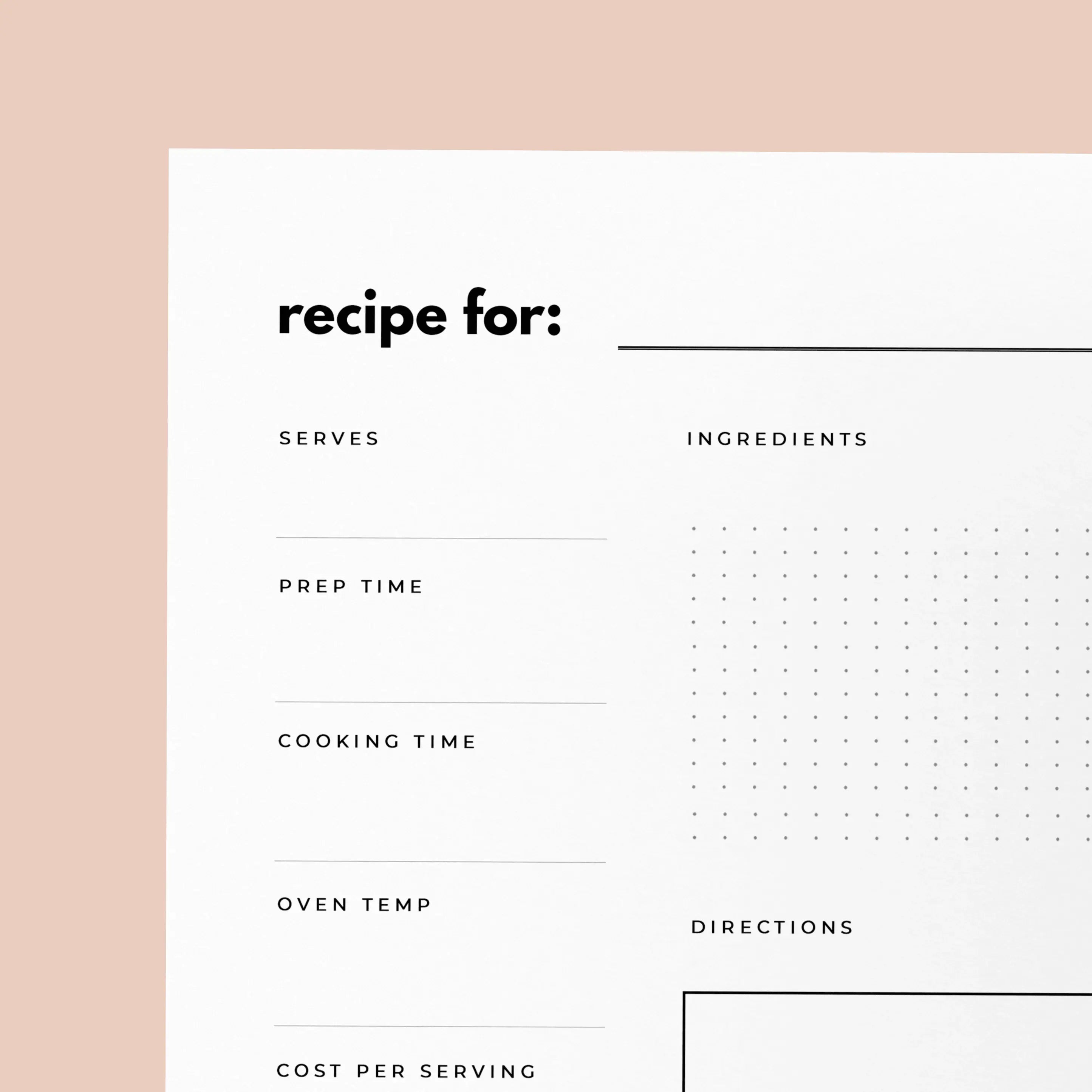 Blank recipe card template with a pink and white background
