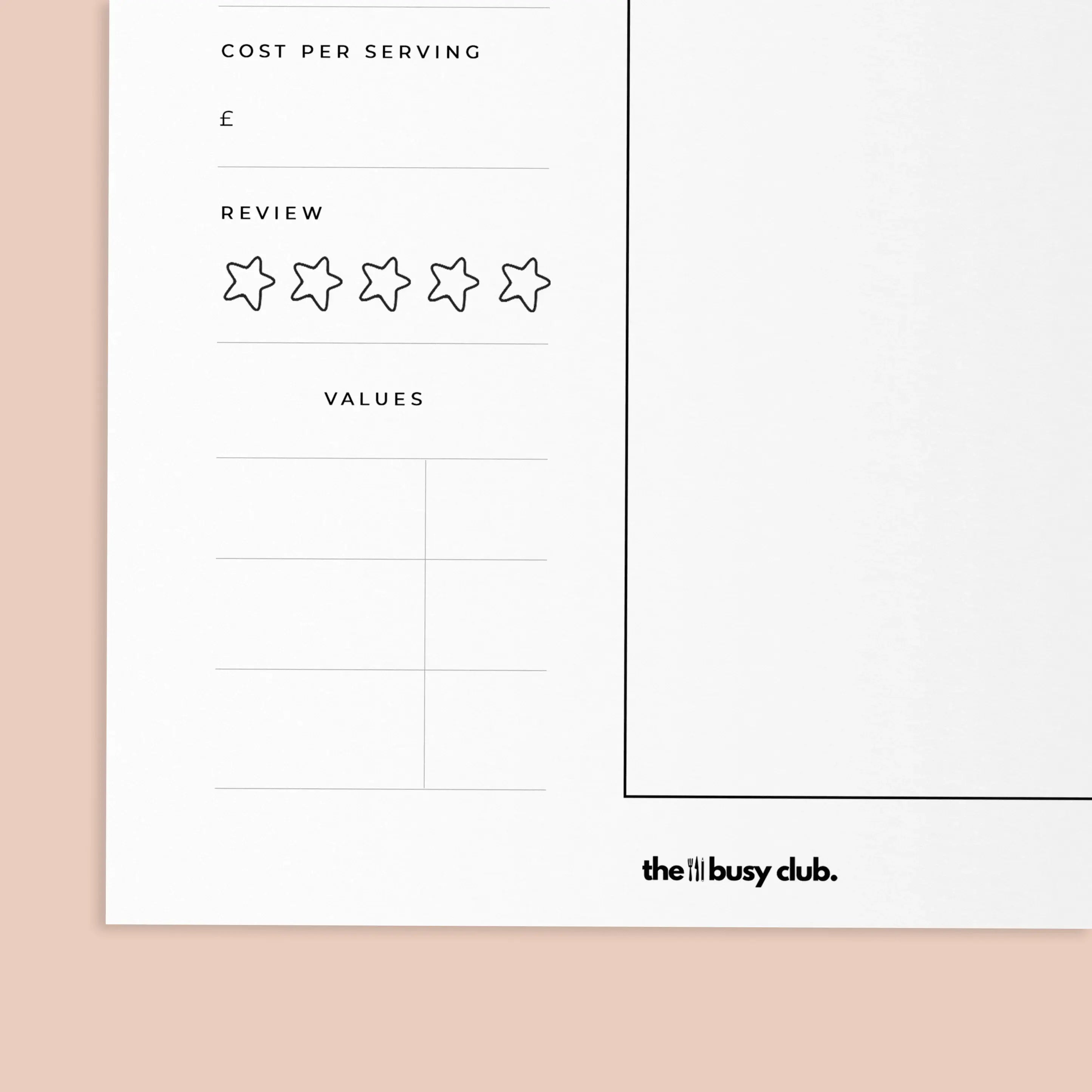 Sheet of paper with rating and review template on a beige background, featuring 'the busy dub.' branding.
