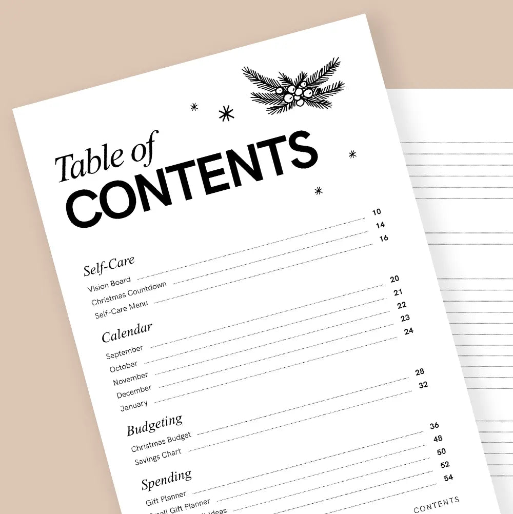 Table of contents for a planner with black text on a white background